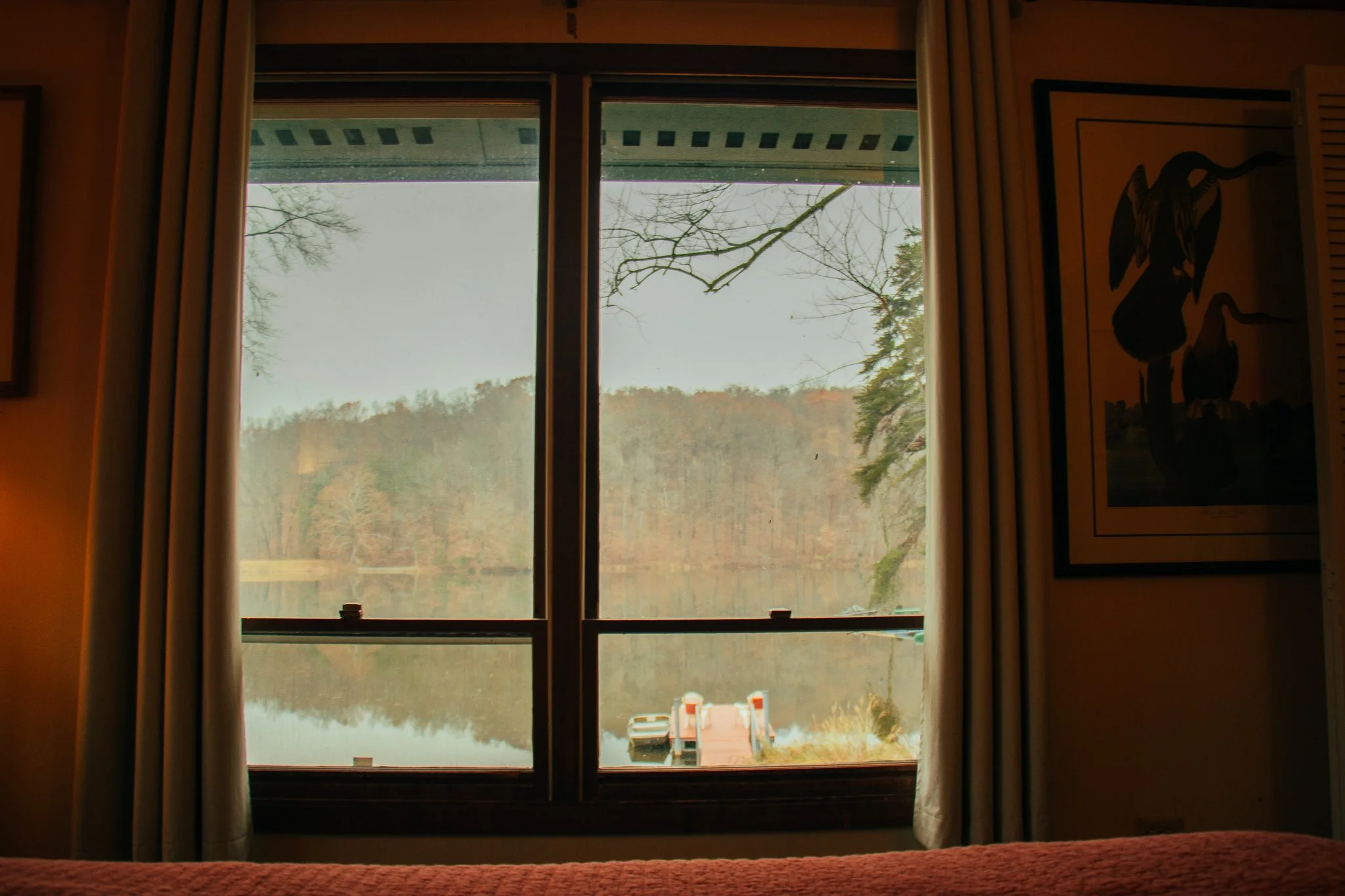 View of a lake with trees outside a window, with a dock and boats on the water.