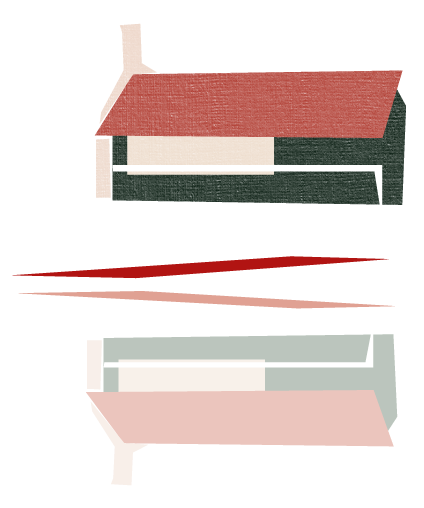 Abstract illustration of house rooftops in brown, red, green, and beige colors with horizontal lines in red and beige.
