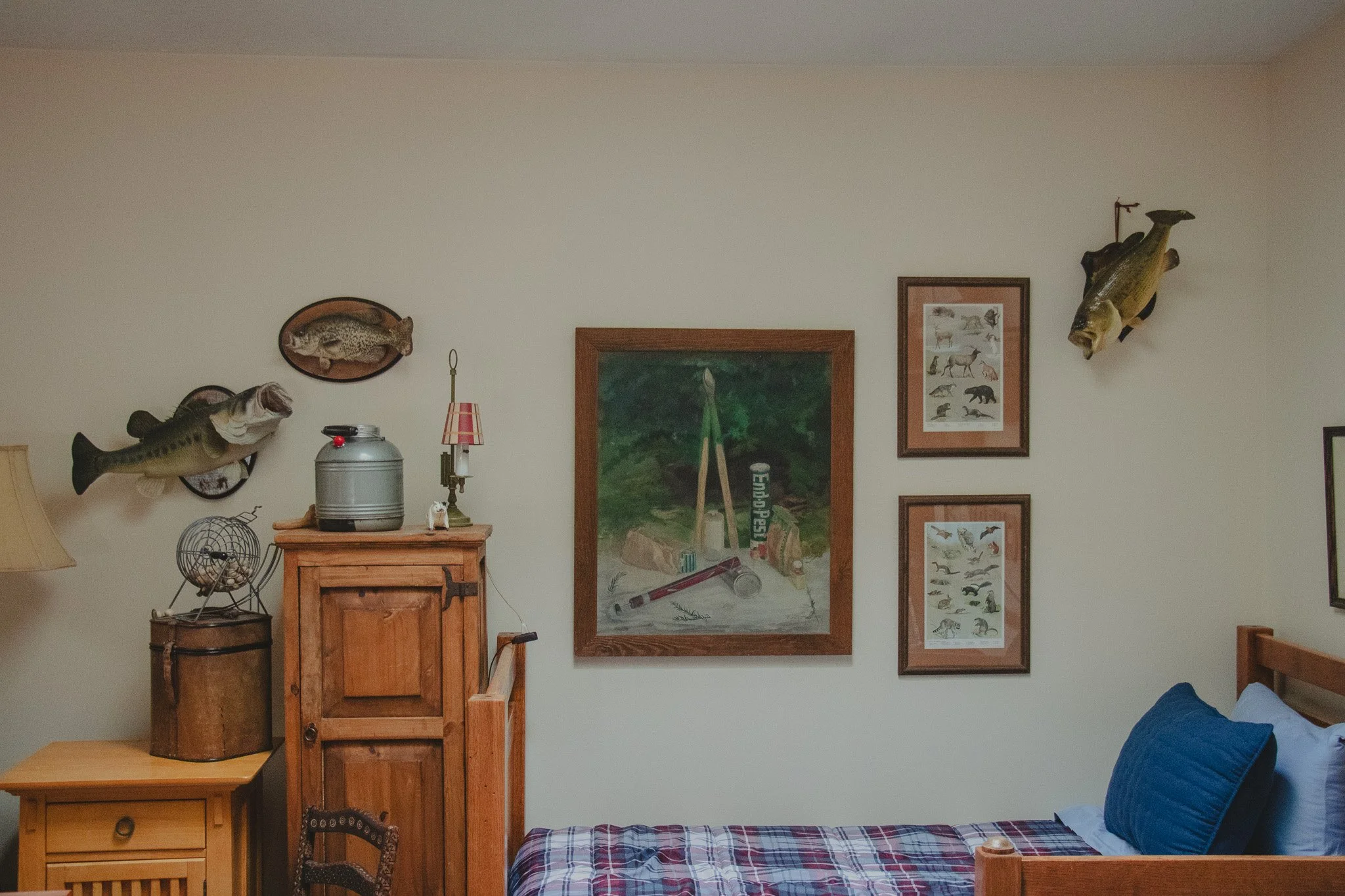 A bedroom with mounted fish and animal pictures on the wall, a wooden cabinet, a painting, a lamp, and a bed with pillows and a blanket.