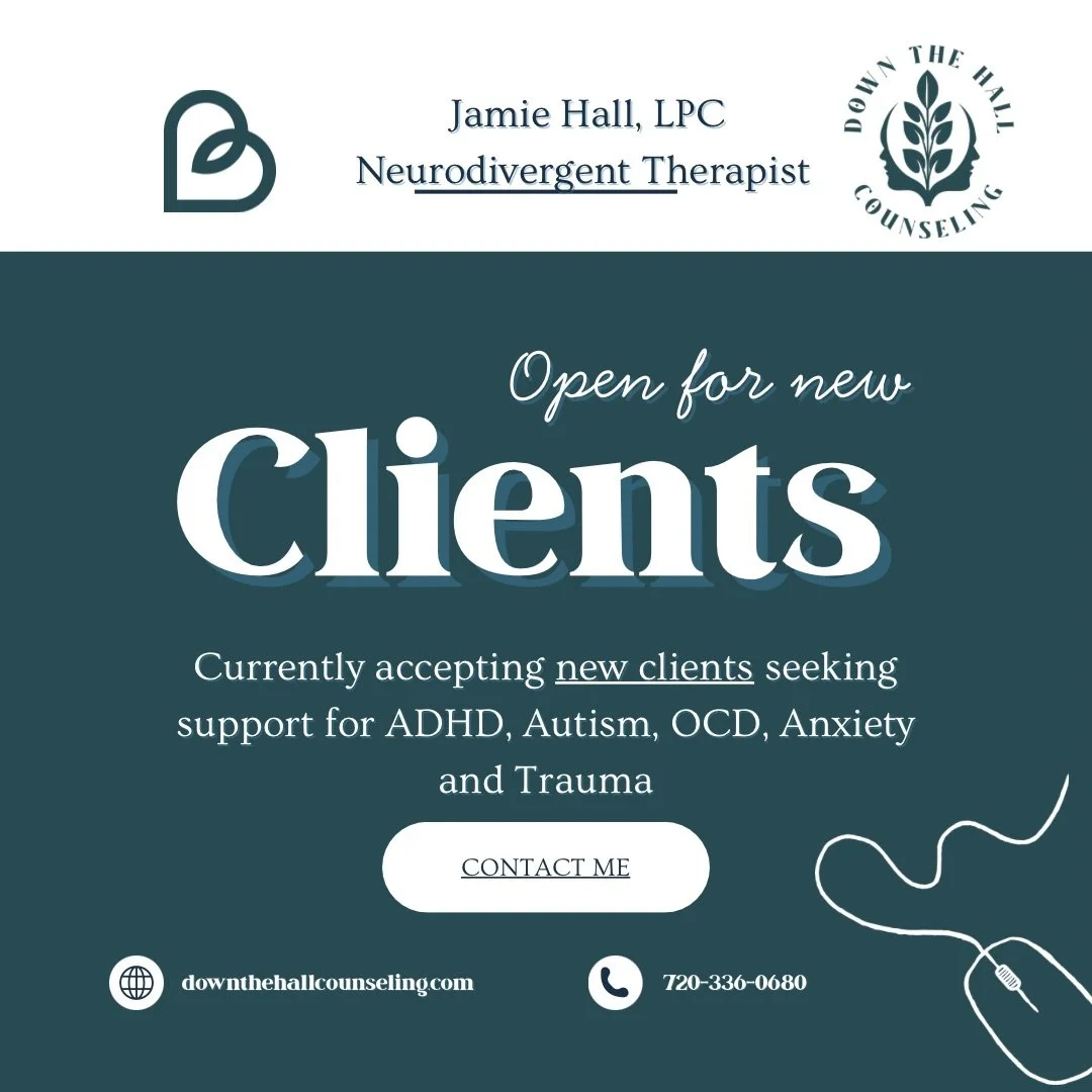 I&rsquo;m currently accepting new therapy clients in Colorado this New Year! 
I offer neurodivergent-affirming (virtual) therapy for adults with ADHD, Autism, OCD, Anxiety, and Trauma.
👉 Visit the link in my bio to schedule a consultation or learn m