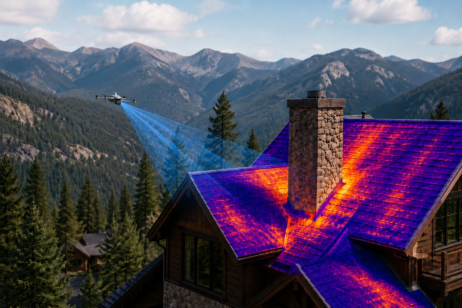 DJI Matrice 4TD capturing aerial inspection imagery of a Colorado mountain property. The drone is using thermal camera to identify improper insulation.