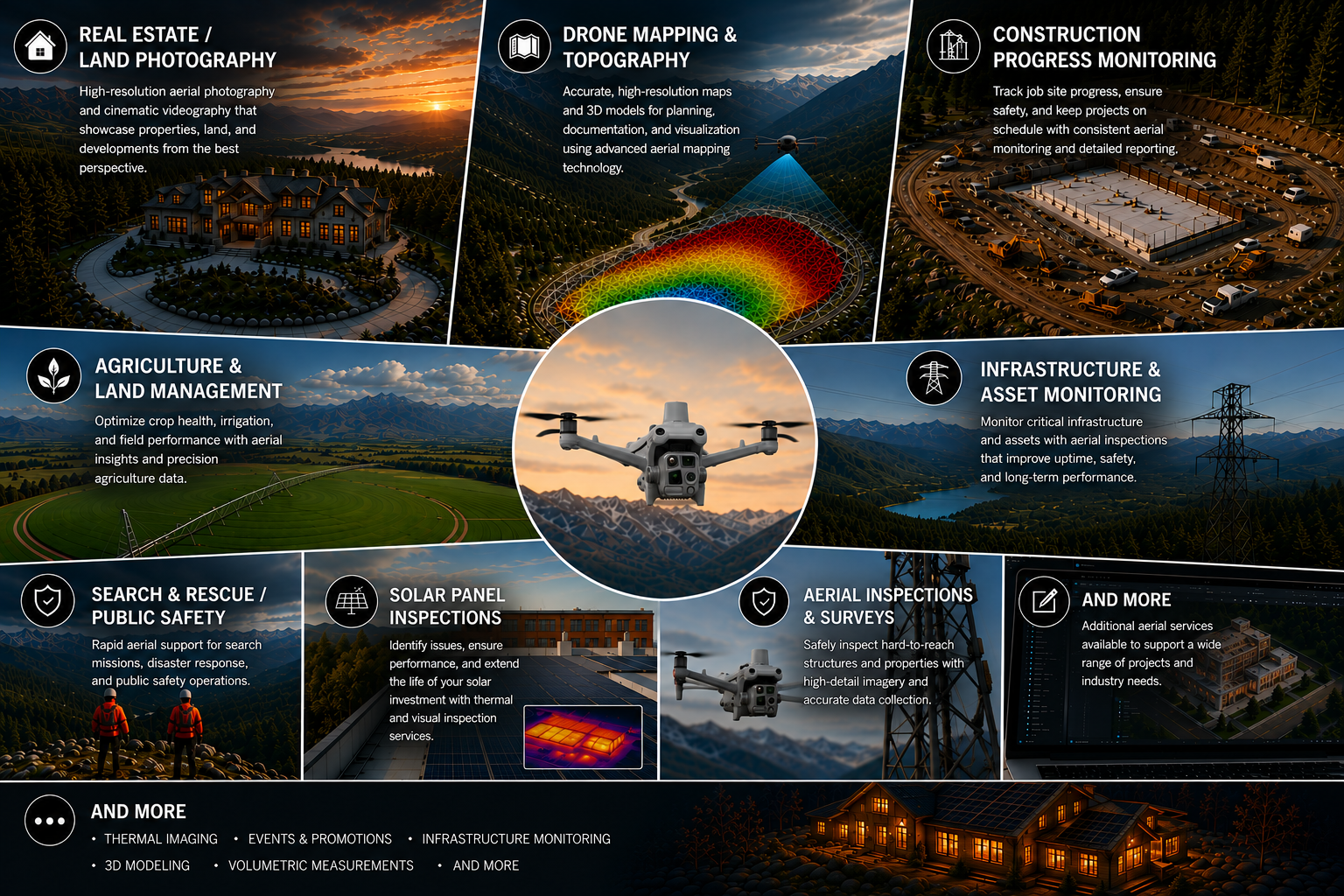 Overview of Colorado drone services including aerial photography, mapping, inspections, construction monitoring, and thermal imaging.
