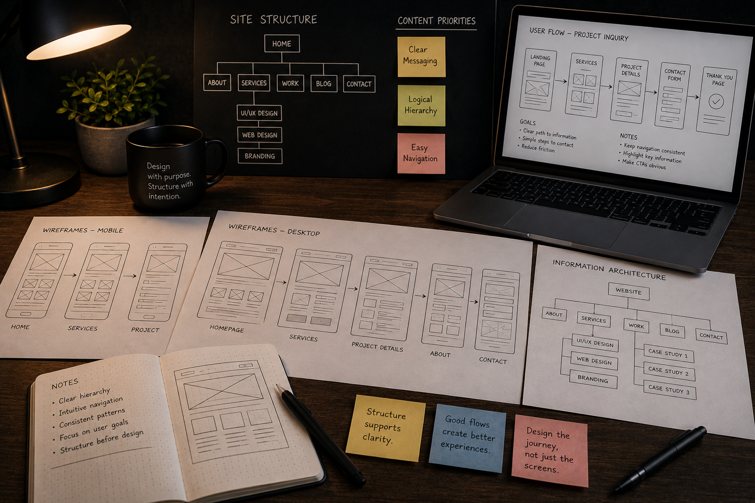 UX wireframing workspace with screen layout sketches, content structure diagrams, and planning notes.