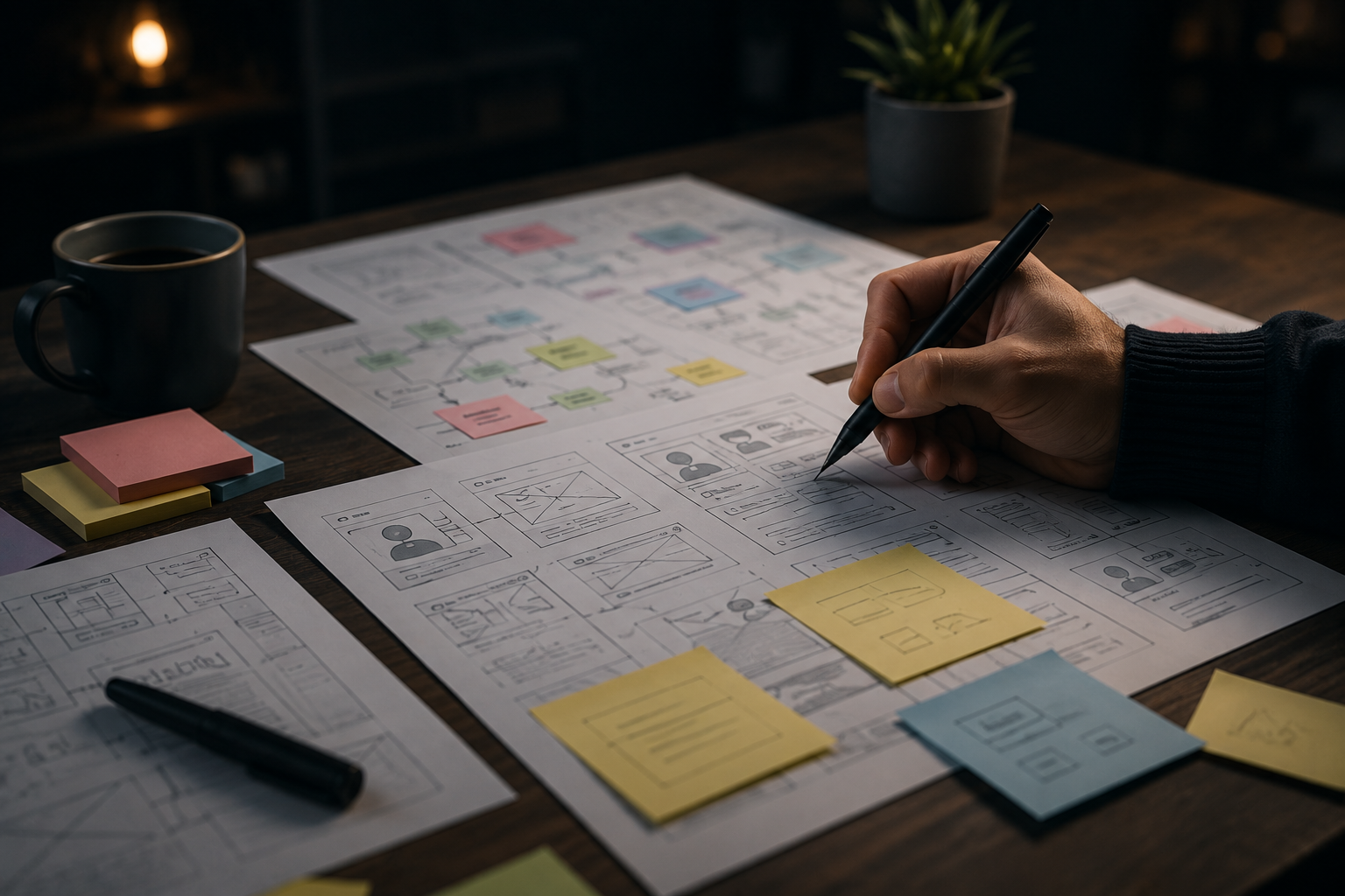 UX research workspace with notes, wireframes, sticky notes, and planning materials for user discovery.