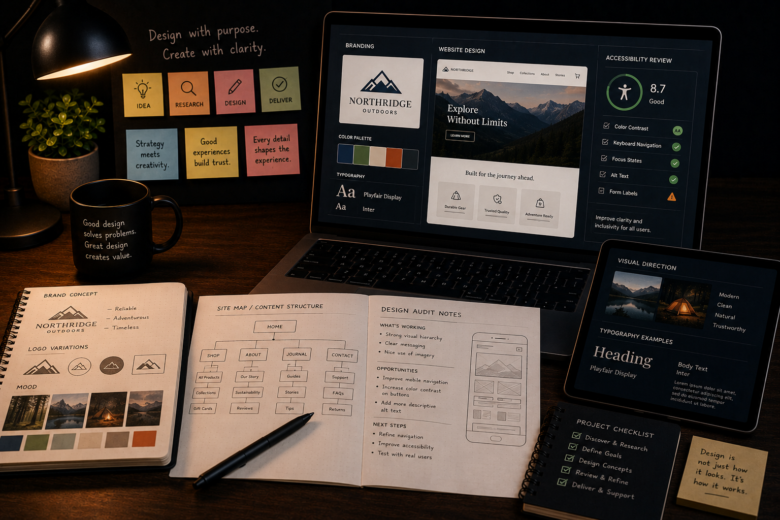Design workspace with branding sketches, website mockups, accessibility review notes, color palettes, and typography samples.