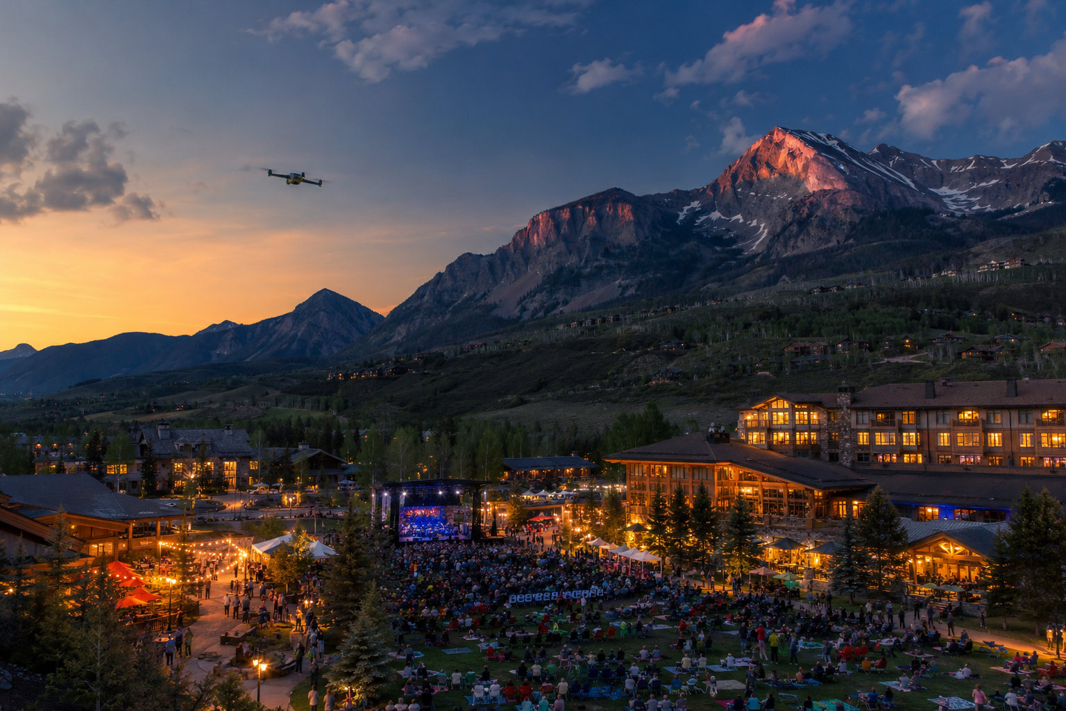 DJI Matrice 4TD capturing custom aerial imagery over a Colorado mountain town.
