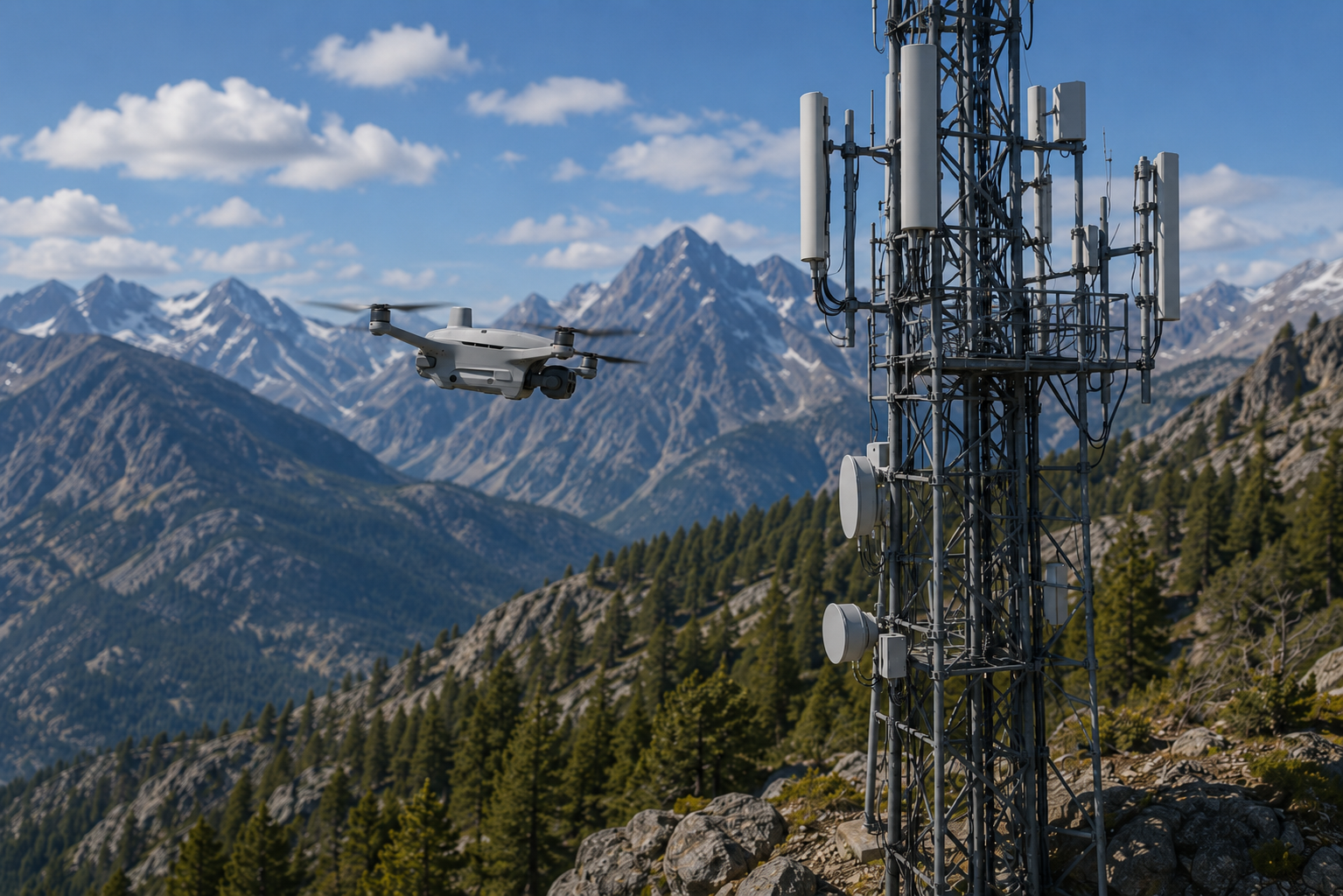 Drone inspecting a telecommunications tower in a remote Colorado mountain setting