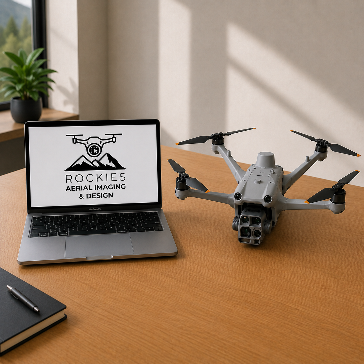 Silver MacBook Pro displaying the Rockies Aerial Imaging & Design logo beside a DJI Matrice 4TD drone in a modern office workspace.