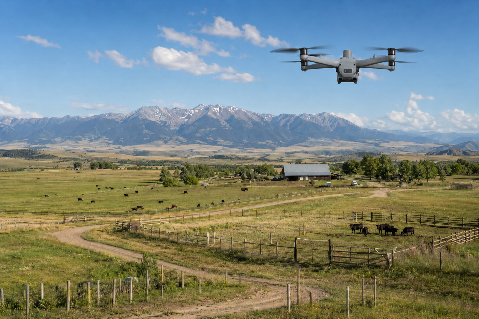 DJI Matrice 4TD capturing aerial imagery of ranch land, cattle, and pasture conditions in Colorado.