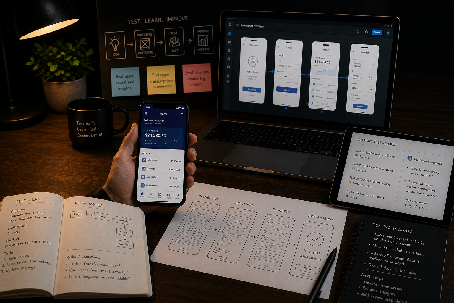 Interactive prototyping workspace with a mobile app prototype, testing notes, and product design screens.