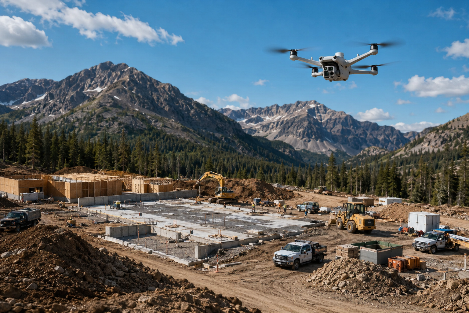 Drone documenting construction progress at a Colorado mountain job site with a DJI Matrice 4TD.