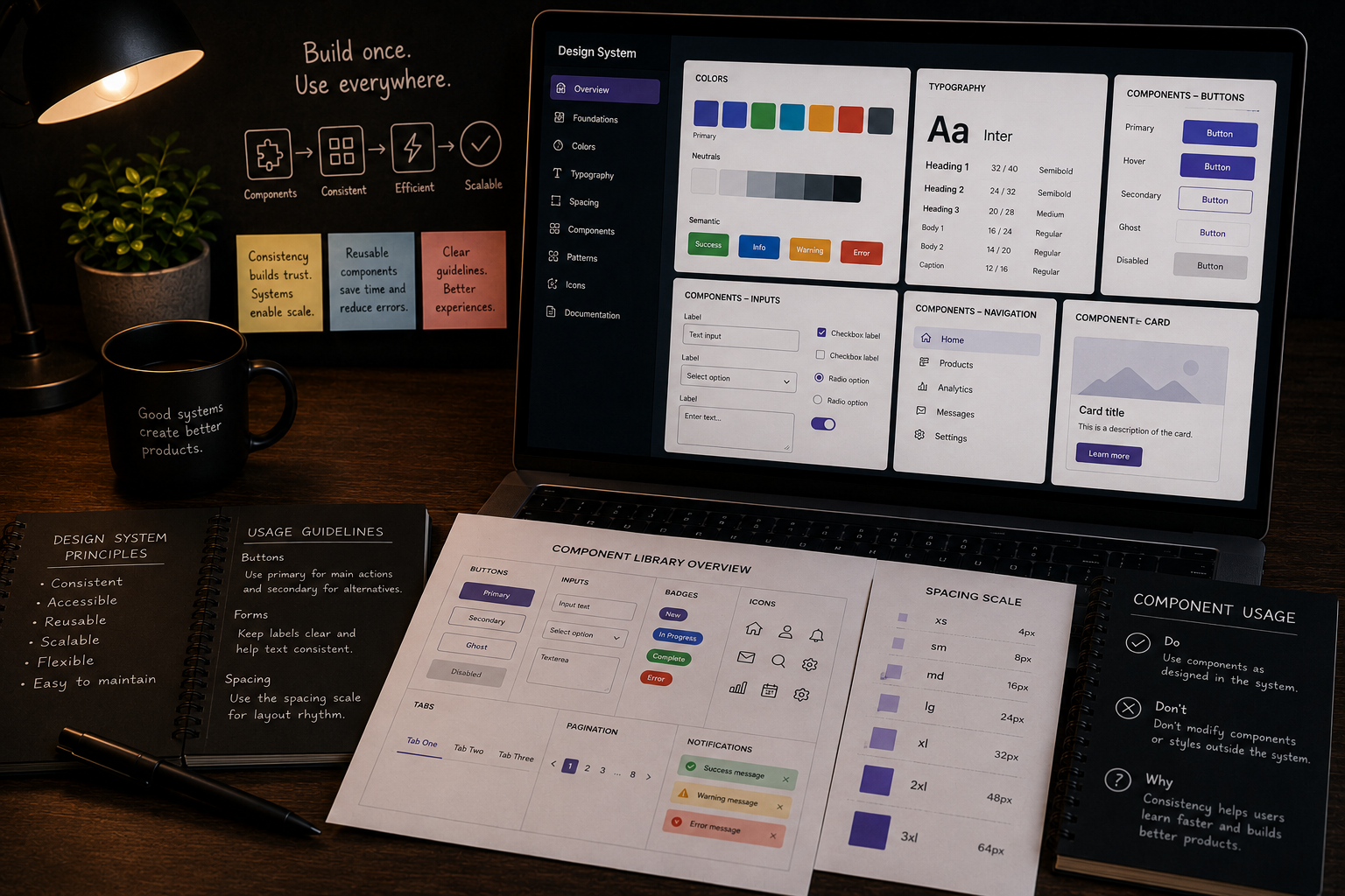 Design system workspace with reusable UI components, interface patterns, typography, color palette, and component library documentation.