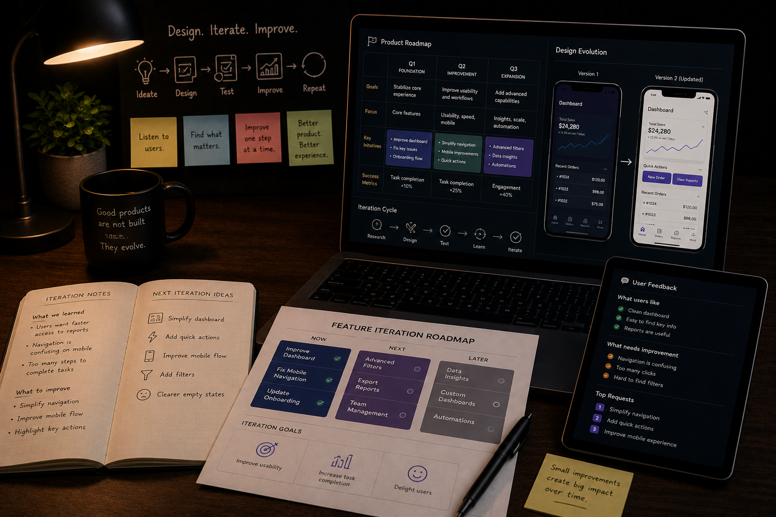 Product design workspace with a roadmap, feature iteration notes, updated screens, and product improvement planning.