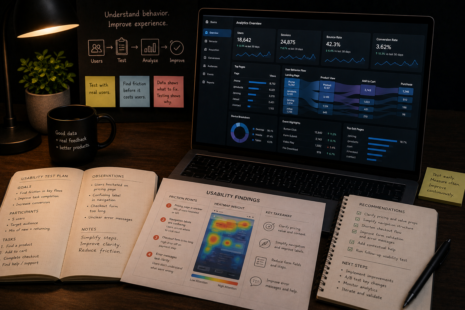 Usability testing workspace with analytics dashboards, user behavior charts, testing notes, and product improvement insights.