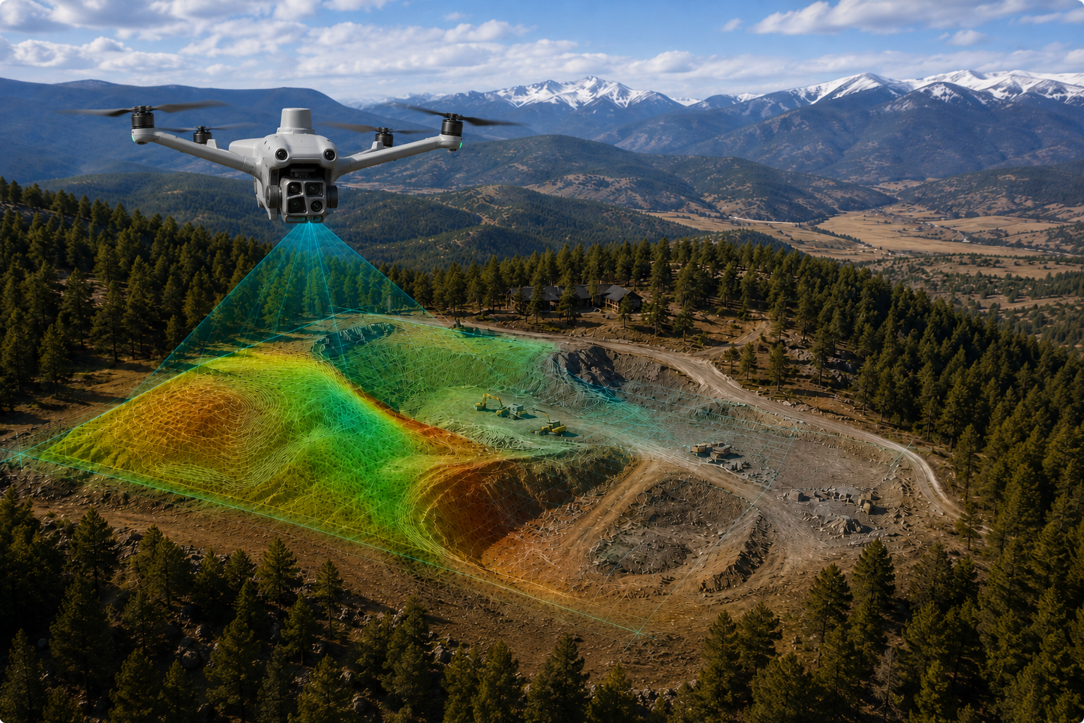 DJI Matrice 4TD capturing aerial mapping data over a rugged Colorado mountain job site with topographic overlay.