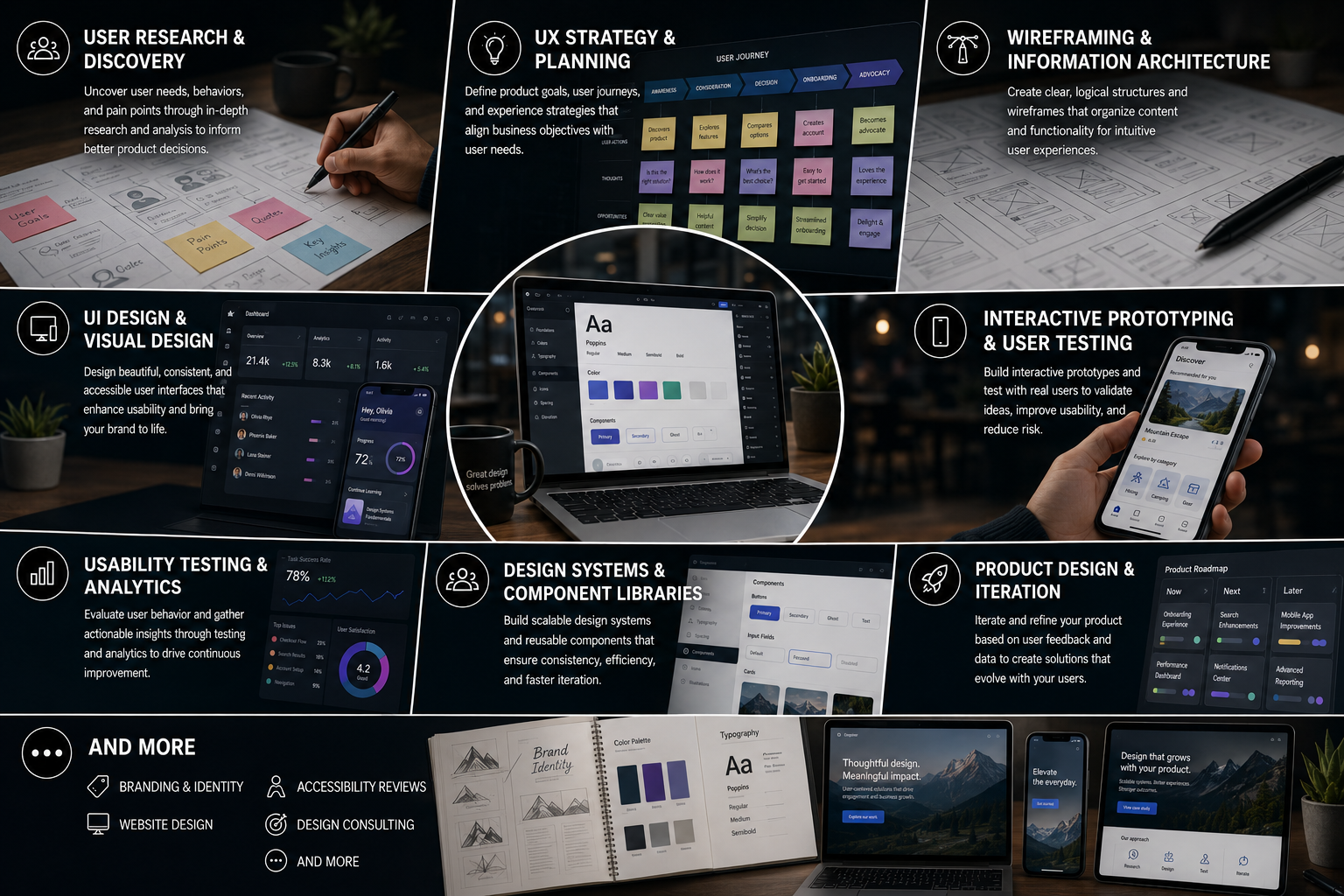 Overview of UX and product design services including research, UI design, prototyping, design systems, branding, and websites.