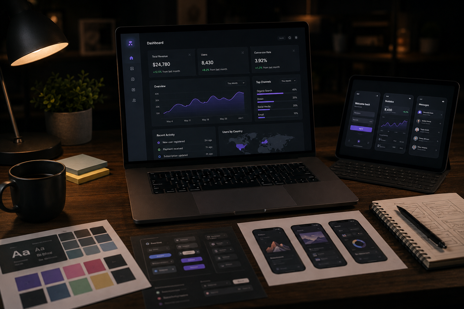 UI design workspace with dashboard screens, mobile interface layouts, typography, color palette, and visual design components.