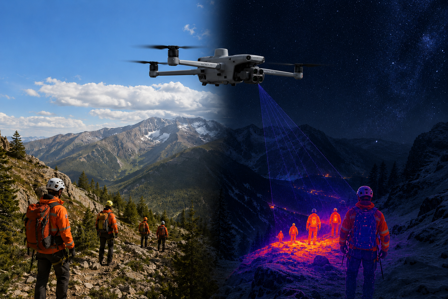 DJI Matrice 4TD providing aerial support for a search and rescue team in the Colorado mountains.