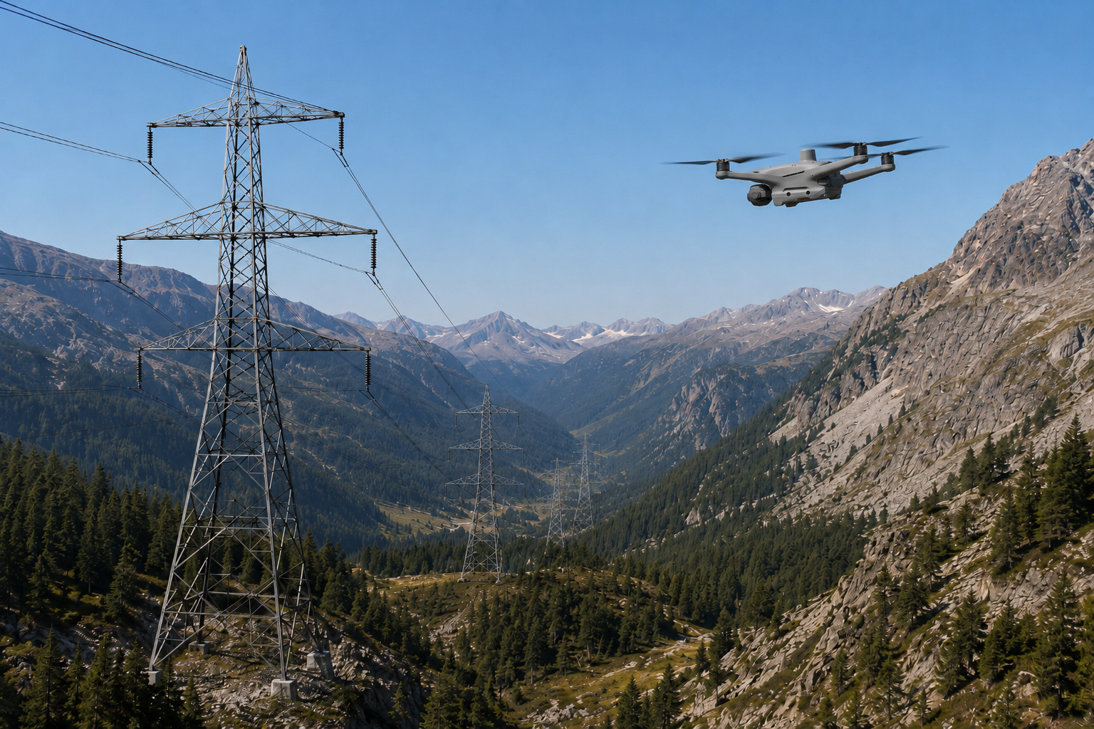 DJI Matrice 4TD monitoring power infrastructure across a Colorado mountain landscape.