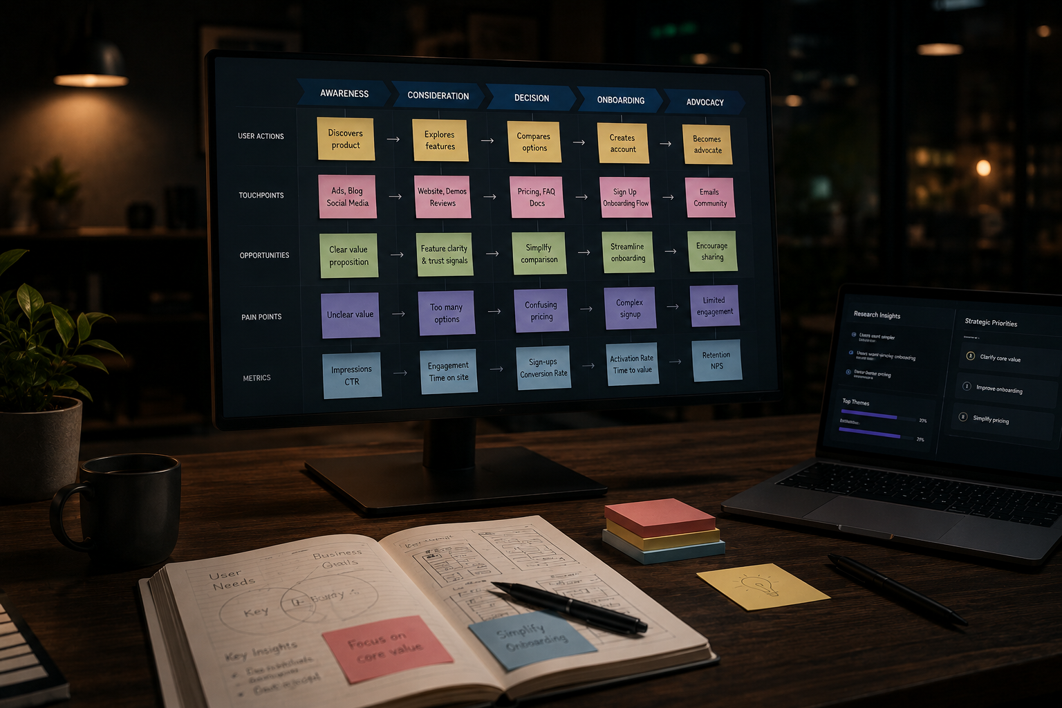 UX strategy workspace with user journey mapping, planning notes, and product experience diagrams.