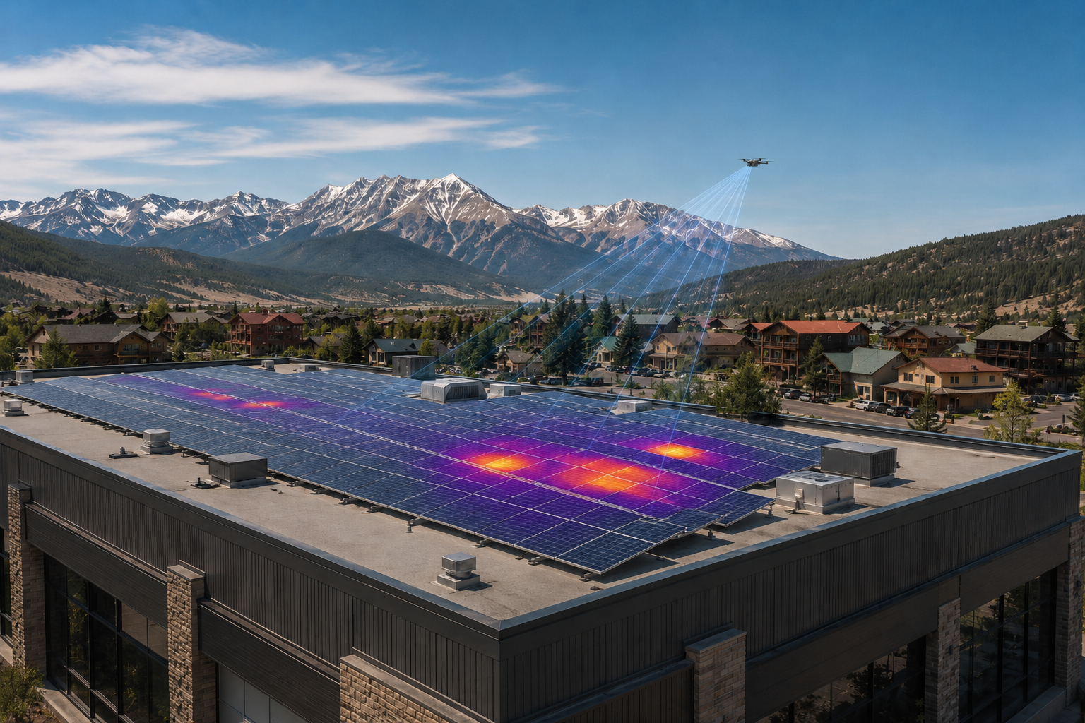 DJI Matrice 4TD capturing thermal imagery of solar panels on a Colorado commercial mountain property.