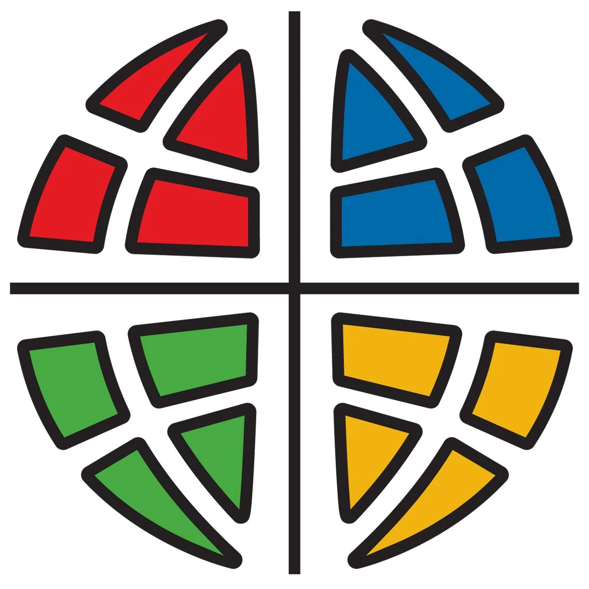A colorful digital illustration of a globe divided into four quadrants, each filled with abstract geometric shapes in red, blue, green, and yellow, outlined in black.