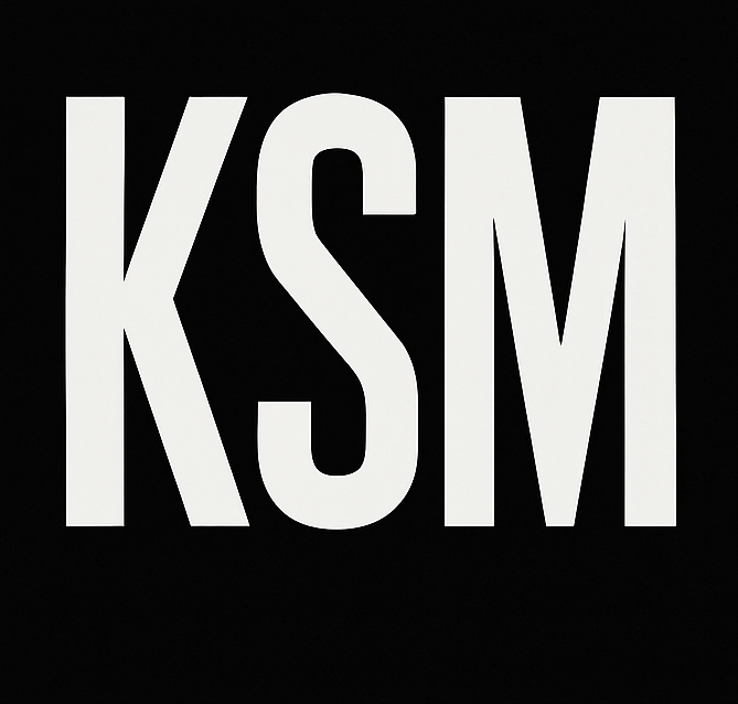 Large white letters spelling "KSM" on a black background.