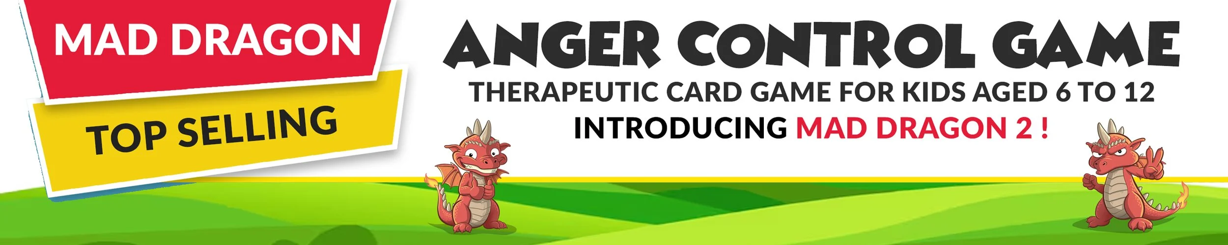 Colorful banner advertising a therapeutic card game called 'Anger Control Game' for kids aged 6 to 12, featuring a cartoon mad dragon character and the text 'Top Selling' with red and yellow accents.