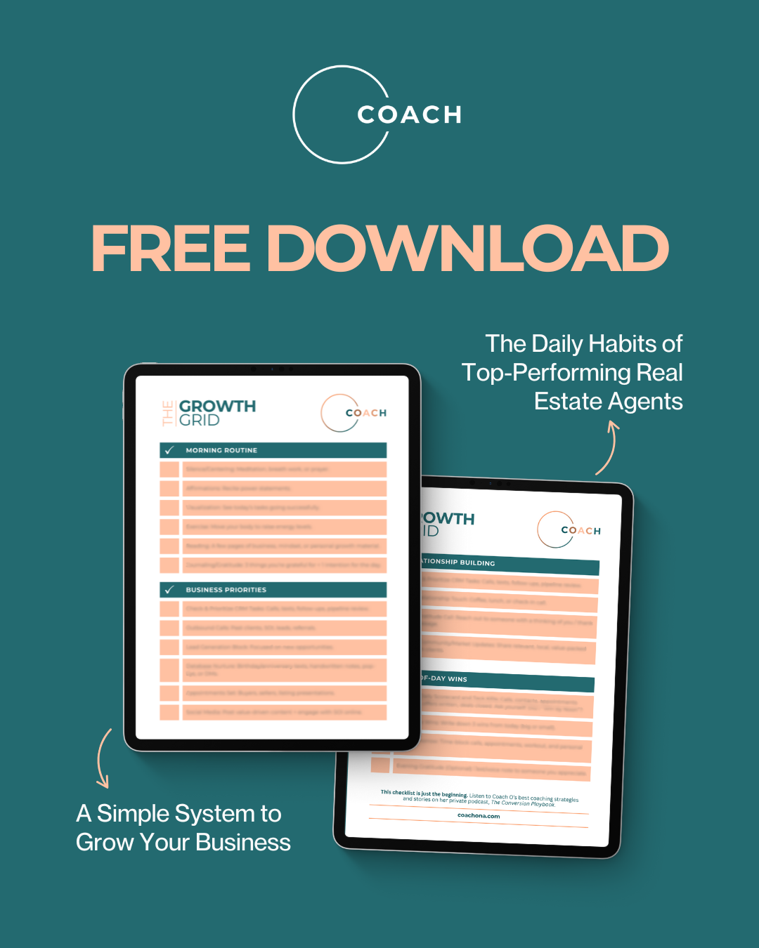 A promotional graphic for The Growth Grid by Coach O offering a free download of a PDF featuring a simple system for real estate agents who want to build momentum, stay consistent and grow their business one day at a time.