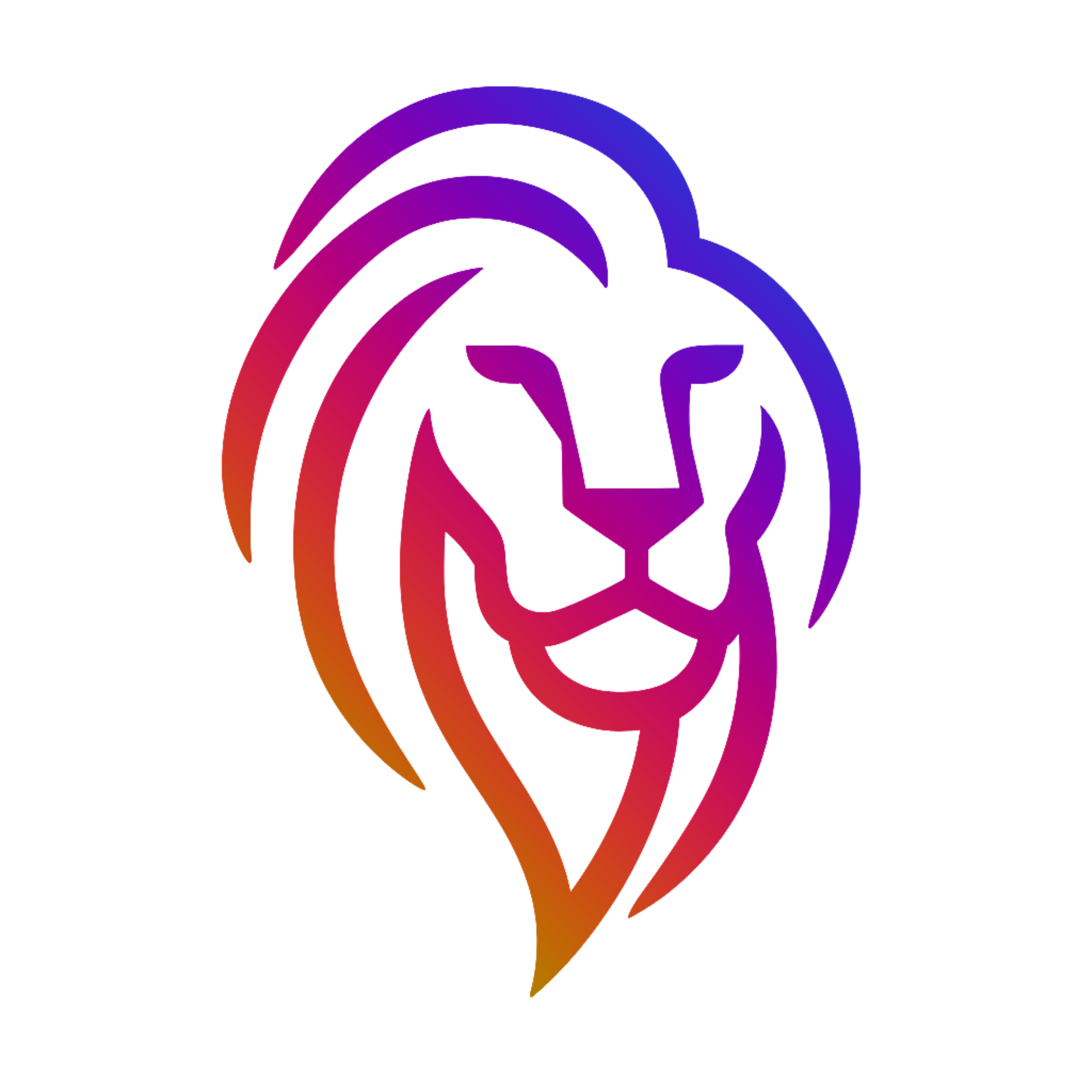 A stylized lion's head logo with gradient colors blending from purple to orange.