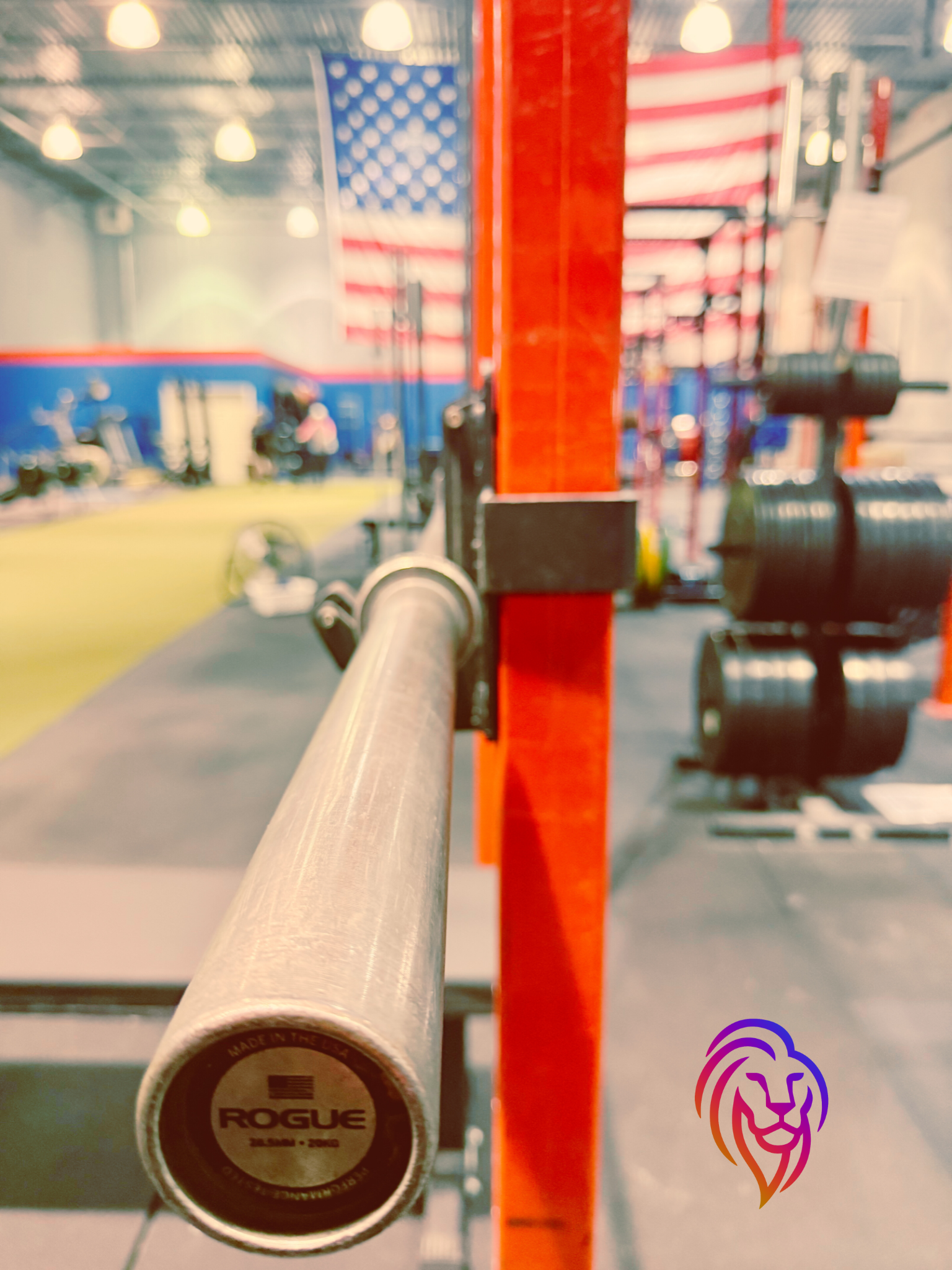 Close-up of a metal Rogue barbell resting on a red support in a gym, with other gym equipment and American flags visible in the background.