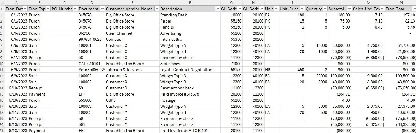 Sample client receipts ledger