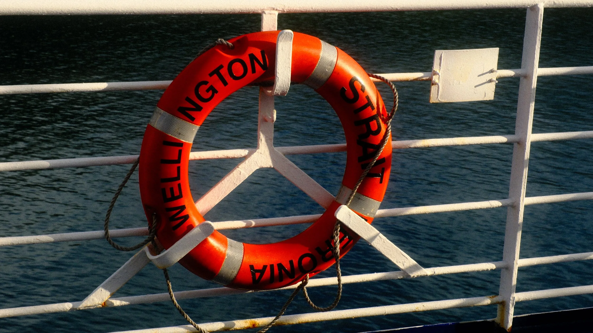 Salvavidas en la barandilla de un barco con agua al fondo.