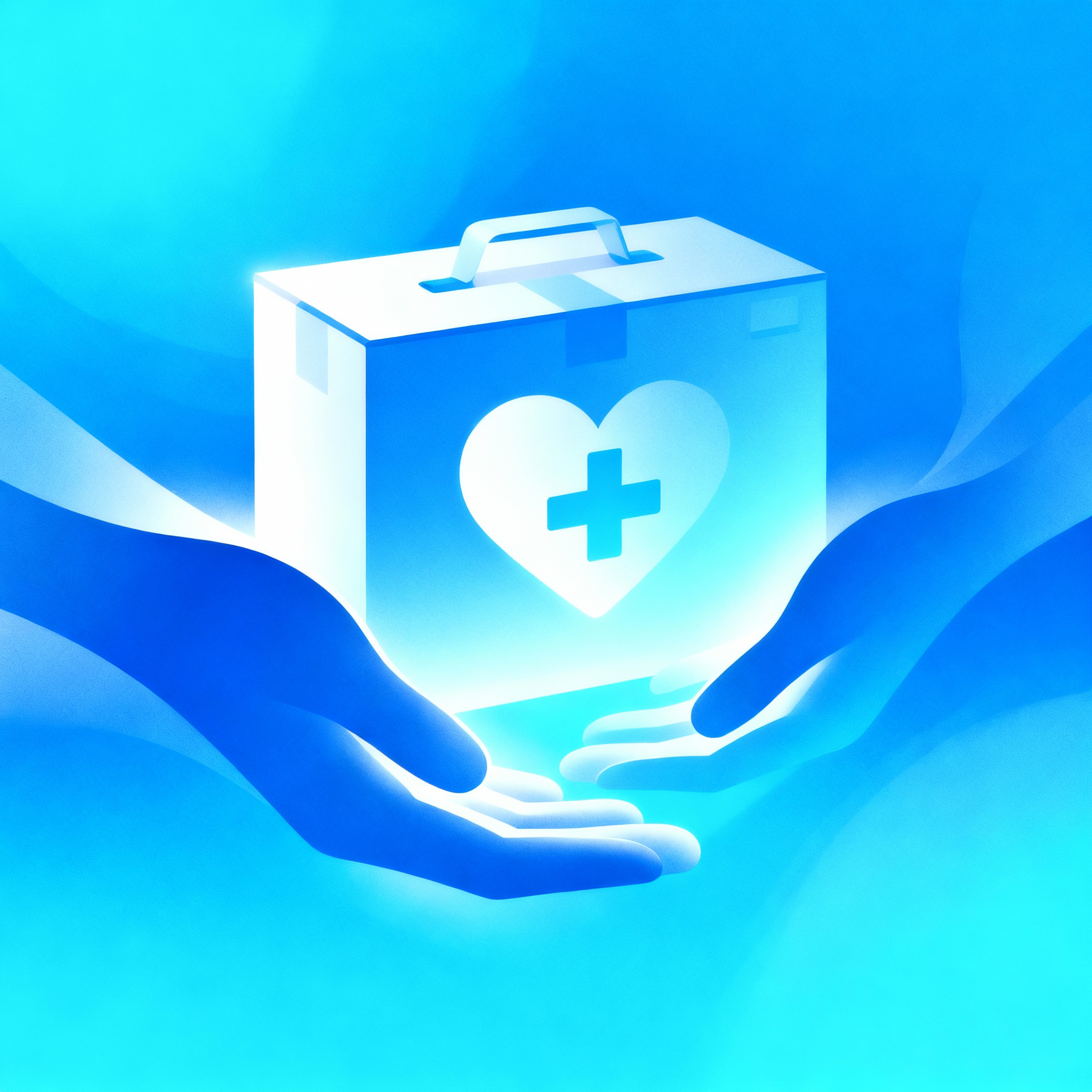 Illustration of two hands surrounding a first aid kit with a heart and cross symbol, glowing in blue tones.