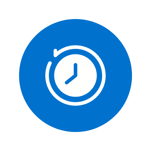 Blue circular icon with a white clock with a partial stopwatch outline in the center.