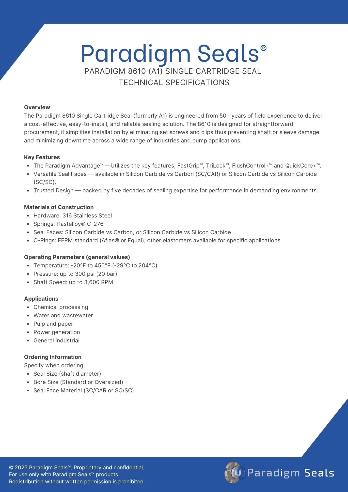 Technical specifications document for Paradigm Seals Single Cartridge Seal, includes features, construction materials, operating parameters, applications, and ordering information.