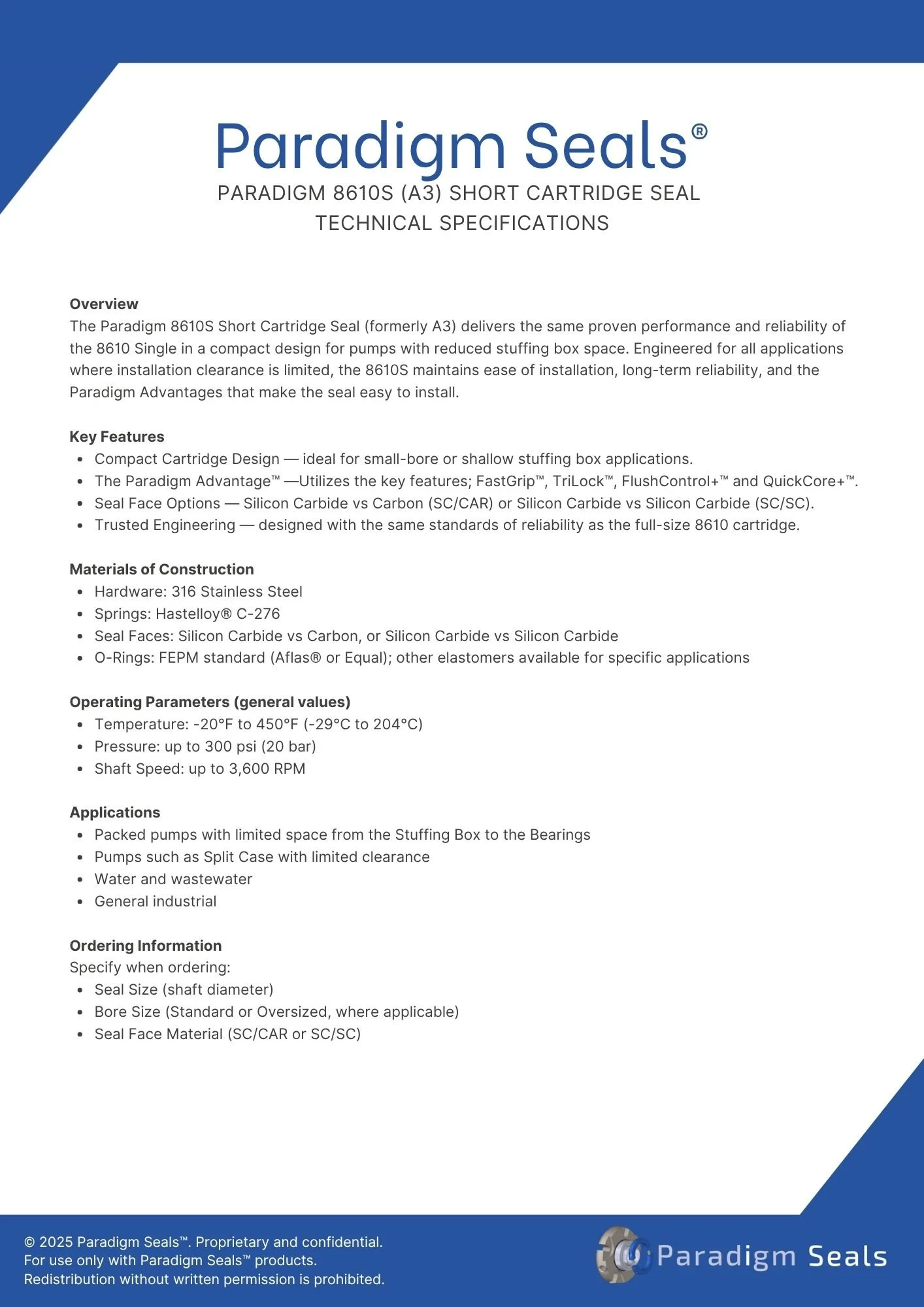 Technical specifications sheet for Paradigm Seals' short cartridge seal, detailing features, construction materials, operating parameters, applications, and ordering information.