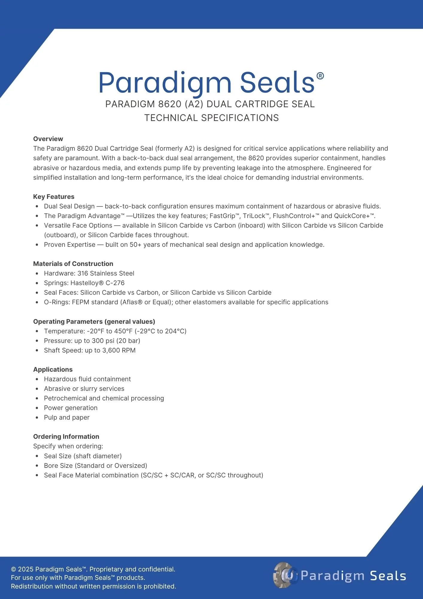 Technical datasheet for Paradigm Seals' A2 Dual Cartridge Seal, detailing features, materials, operation, applications, and ordering information.