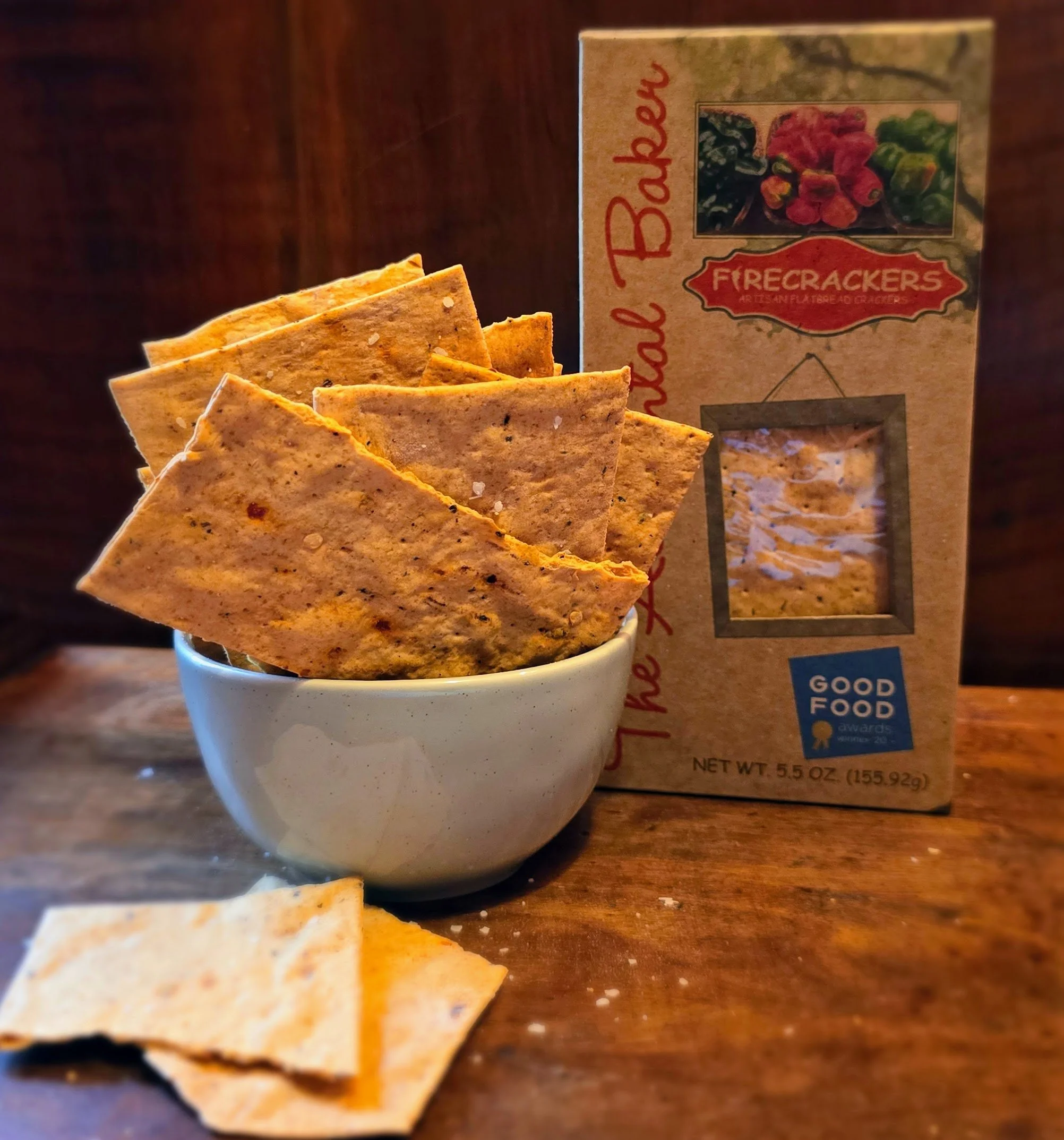 A unique blend of peppers gives the Firecrackers their name, but don't be fooled, these crackers only pack a punch with flavor, not heat. Created in collaboration with Rucker Johns, a NC restaurant, these crackers are perfect for dipping in pimento c