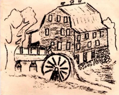 A black and white drawing of the original Lindley Mills mill from their website.
