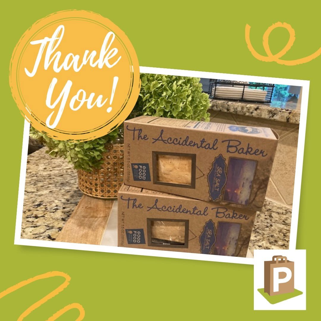 A Thank You from PORCH Hillsborough with their logo in bottom right corner and two boxes of The Accidental Baker's Sea Salt crackers pictured