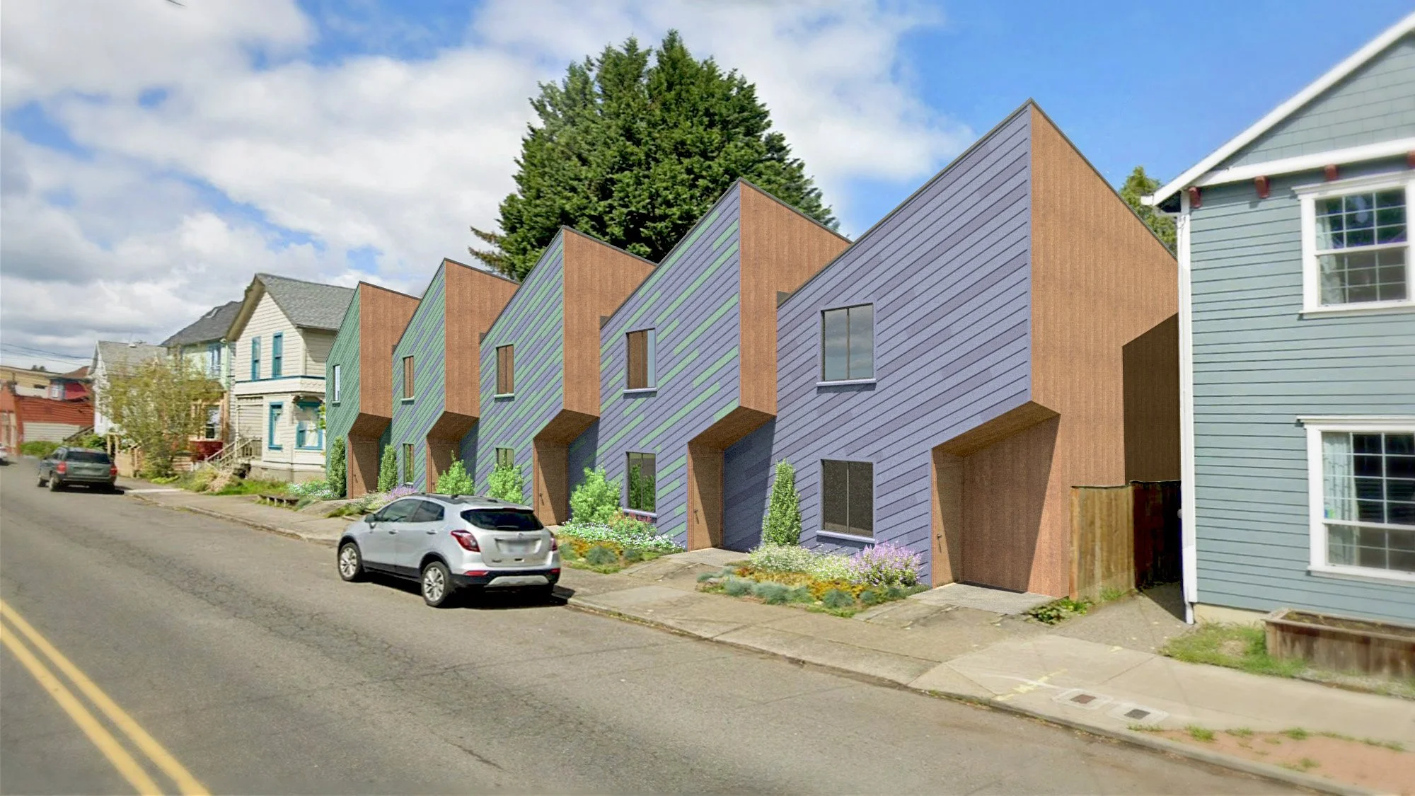 AFFORDABLE TOWNHOMES: a row of dynamic sculptural facades with shifting colors along a Portland street.