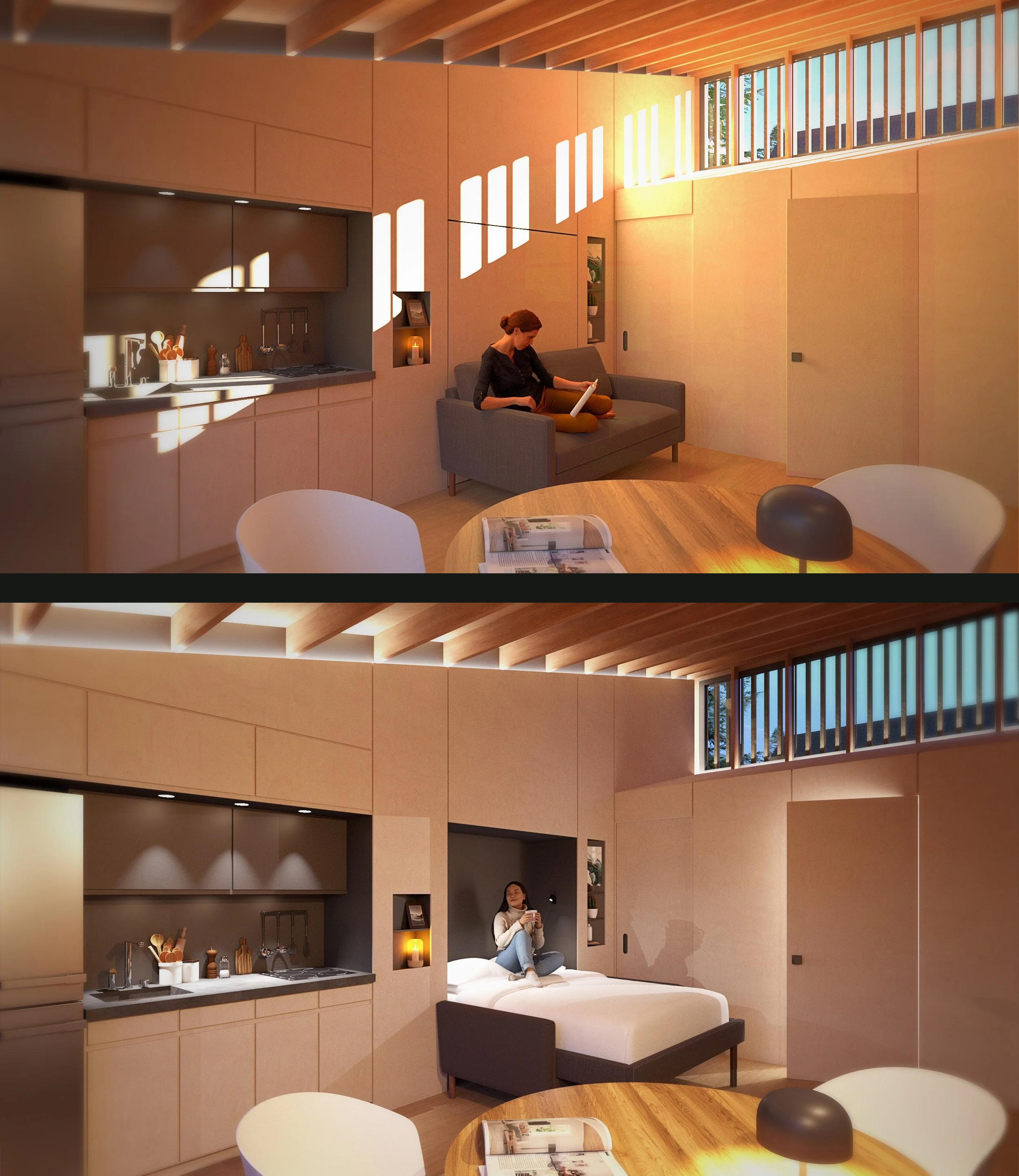 MINI PDX ADU: Accessory dwelling unit with integrated kitchen and storage during the day and at night with hideaway bed.