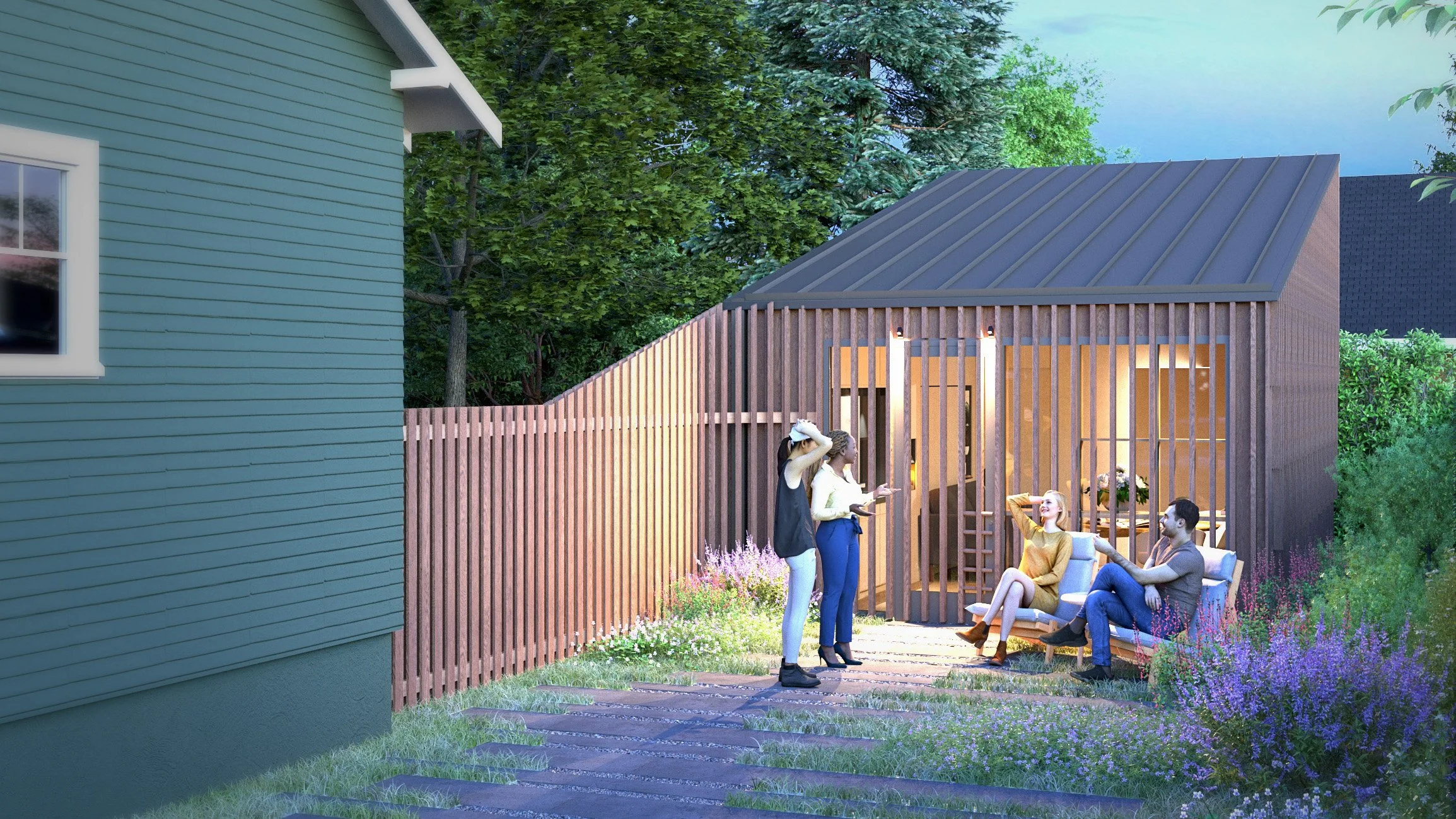 MINI PDX ADU: Accessory dwelling unit exterior night scene showing slatted wood front with comfortable green seating area.