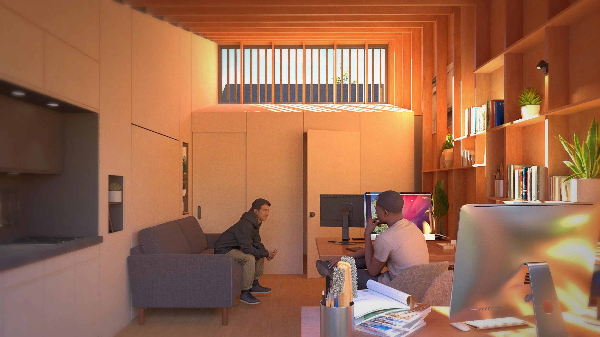 MINI PDX ADU: A compact accessory dwelling unit set up as a small office.