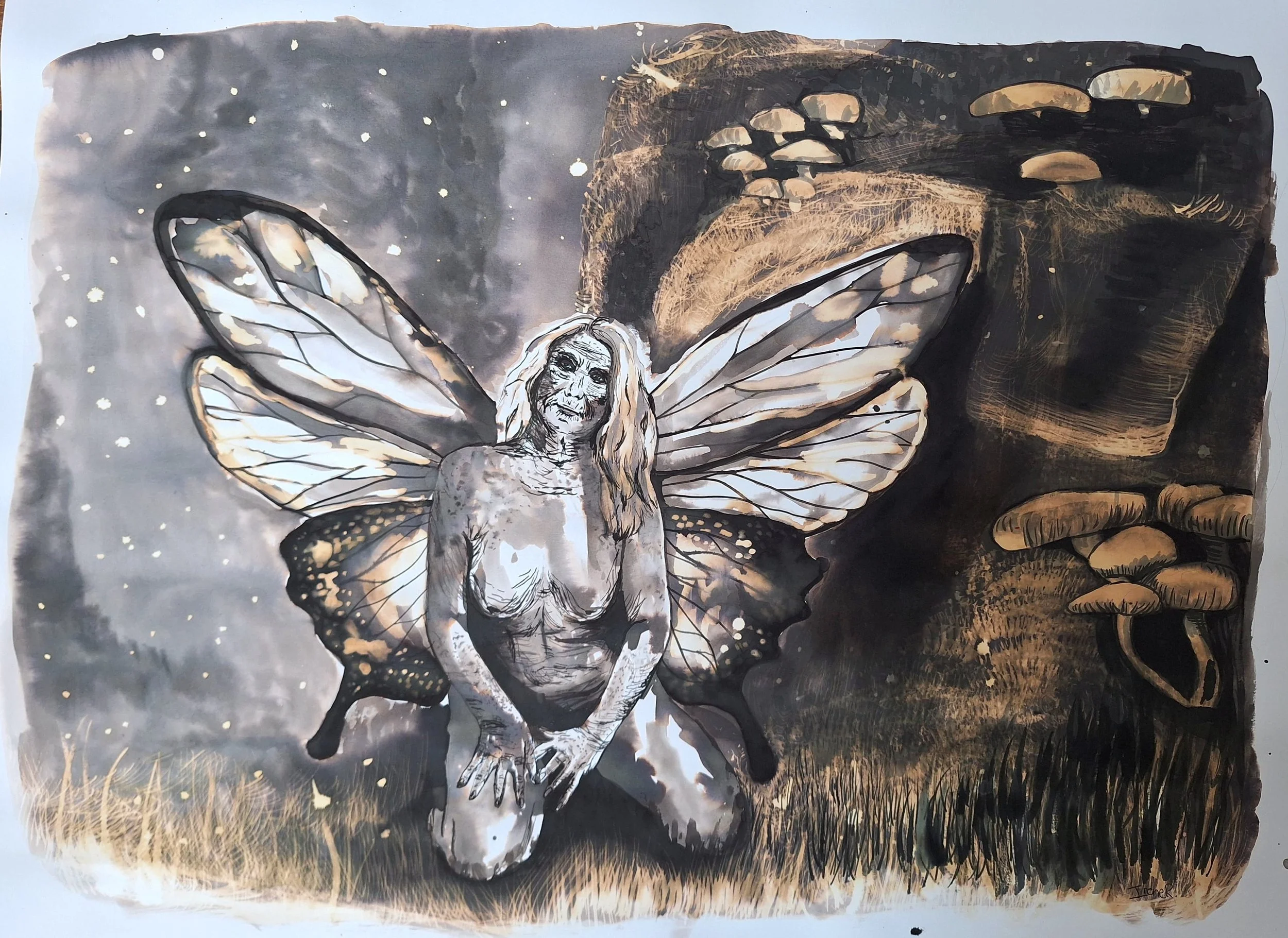 Old woman as a fairy sitting in the forest. Painting is done with ink