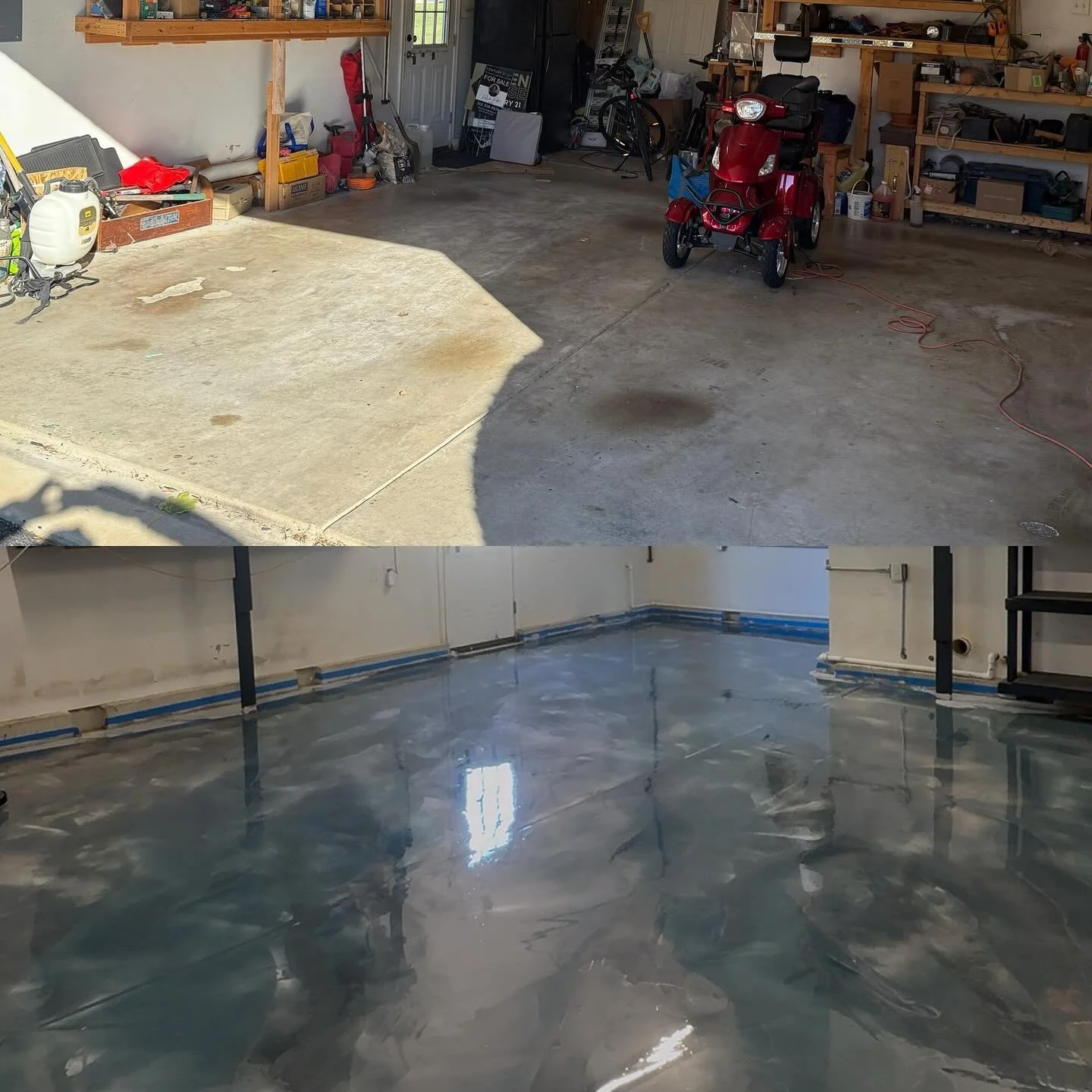 First glance at the garage floor I&rsquo;ve been working on,
My client wanted a silver dolphin and cura&ccedil;ao color scheme with azure accents, it turned out to have a deep river like essence with rocky silver tones and deep blue cuts. 
Still in t