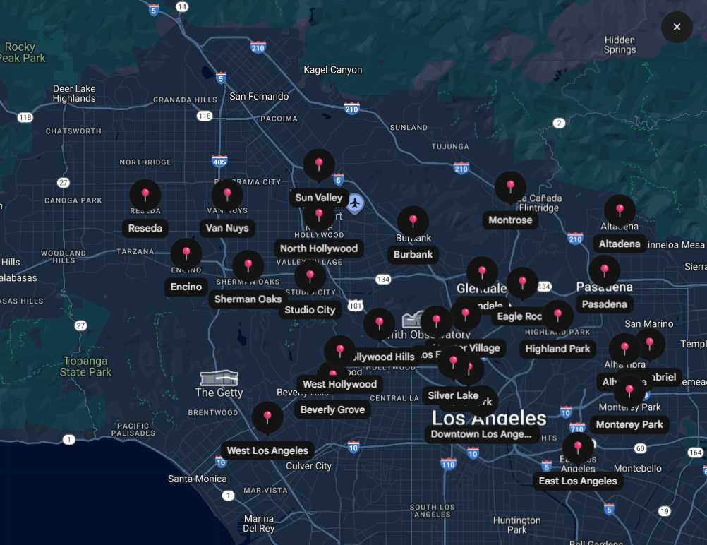 Map of Los Angeles and surrounding areas with markers indicating various neighborhoods and points of interest.