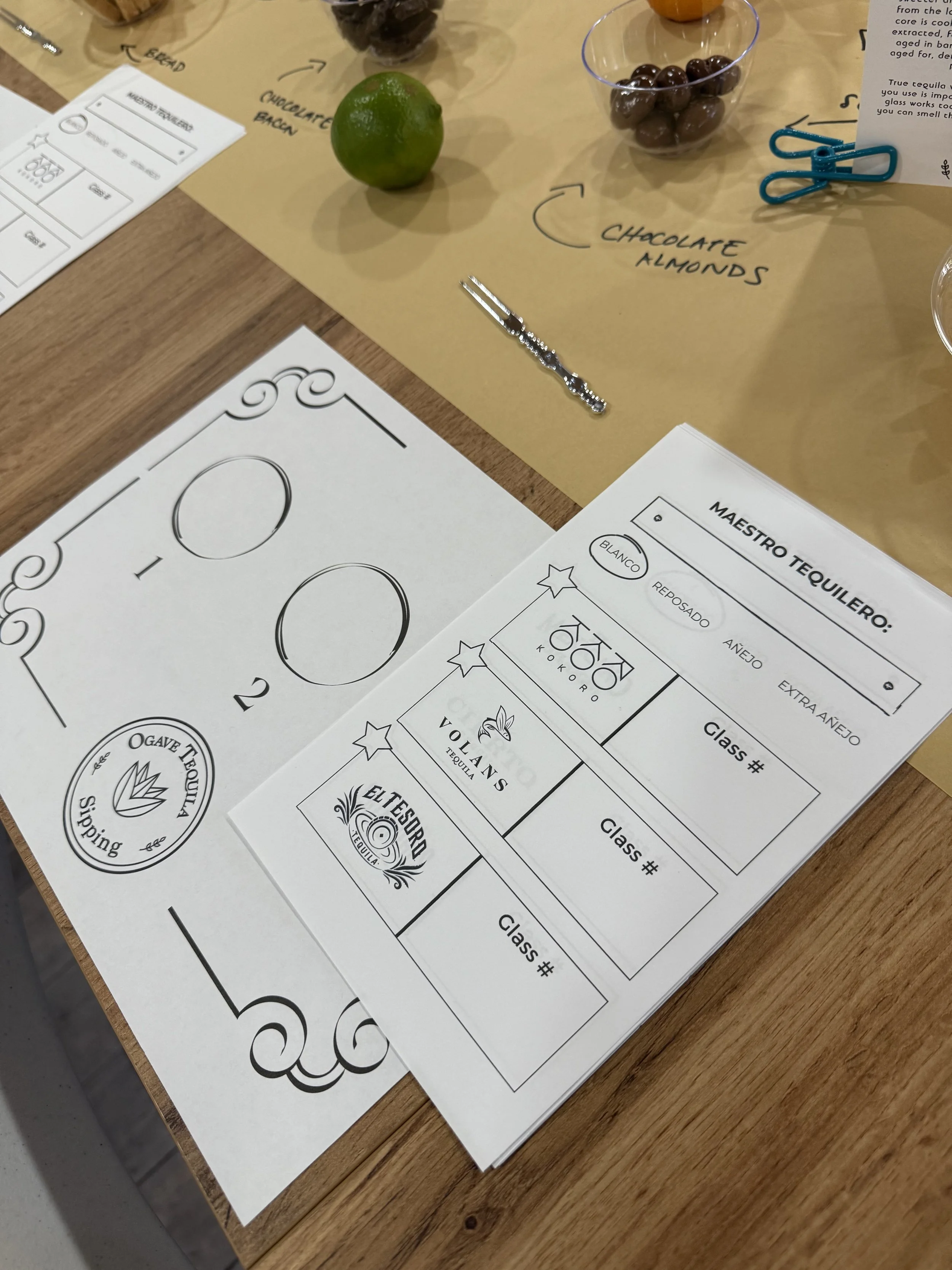 A tabletop with a tasting activity setup including printed sheets, a green lime, a glass of chocolate almonds, and chocolate bacon with handwritten notes on paper. There are also blue paper clips and a small fork on the table.