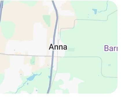 Map showing the town of Anna with surrounding areas and roads.